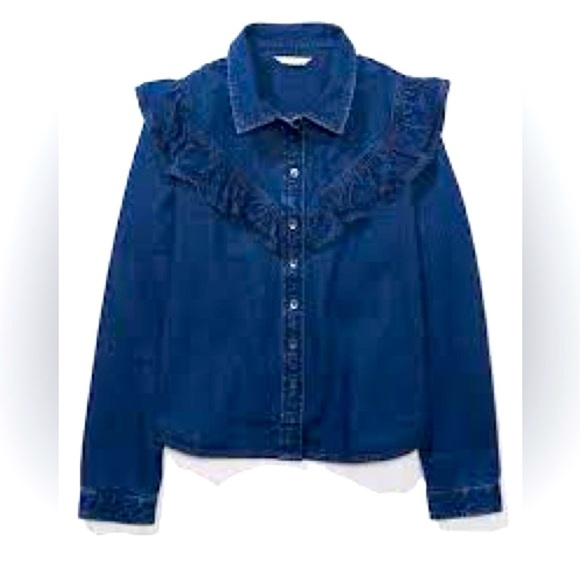 American Eagle - Oversized Dark Denim Button Down Ruffle Western Shirt Size M - Picture 2 of 13